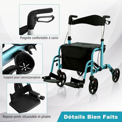 Déambulateur rollator premium bleu clair aluminium pour personne handicapée