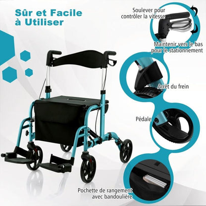 Déambulateur rollator premium bleu clair aluminium pour personne handicapée