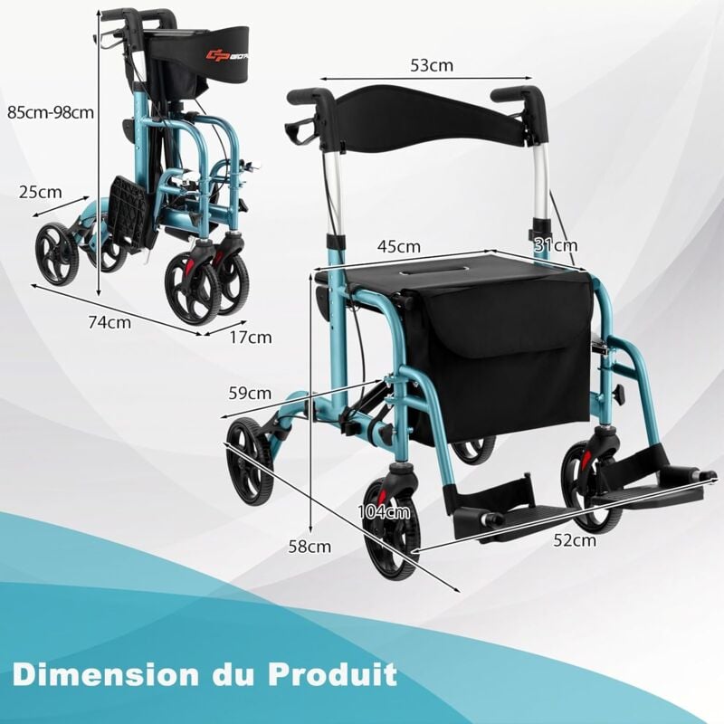 Déambulateur rollator premium bleu clair aluminium pour personne handicapée
