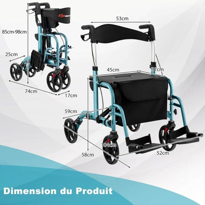 Déambulateur rollator premium bleu clair aluminium pour personne handicapée